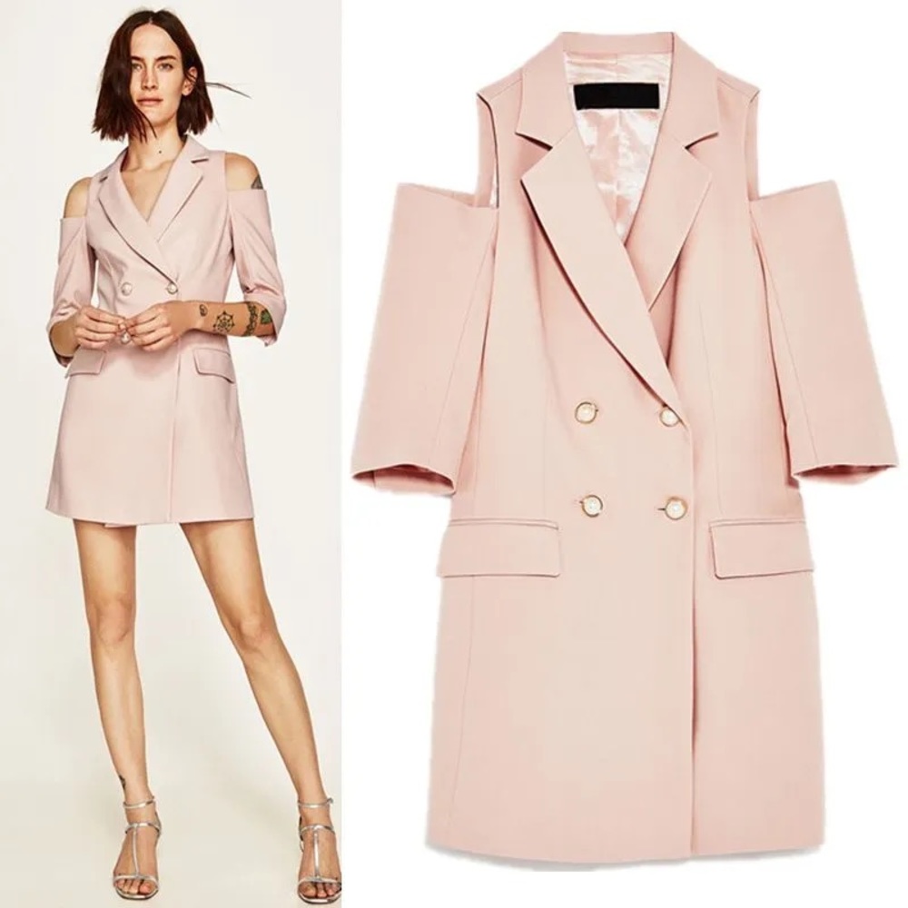 Zara Cold Shoulder Blazer With Faux Pearl Buttons